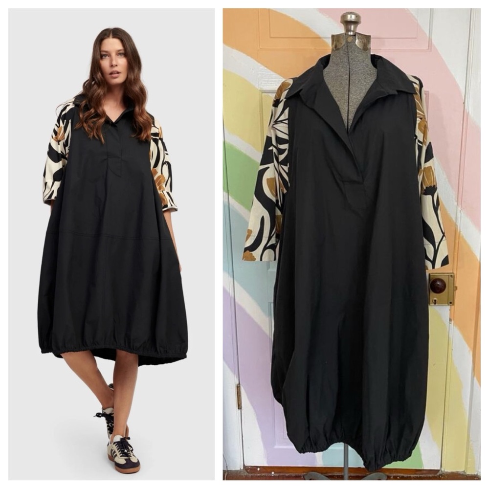 Alembika Black Cocoon Dress Size 4 (12-14) Cotton Floral Sleeves Made in Israel
